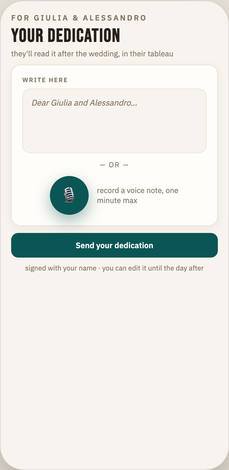 Vertical screenshot: a dedication with audio