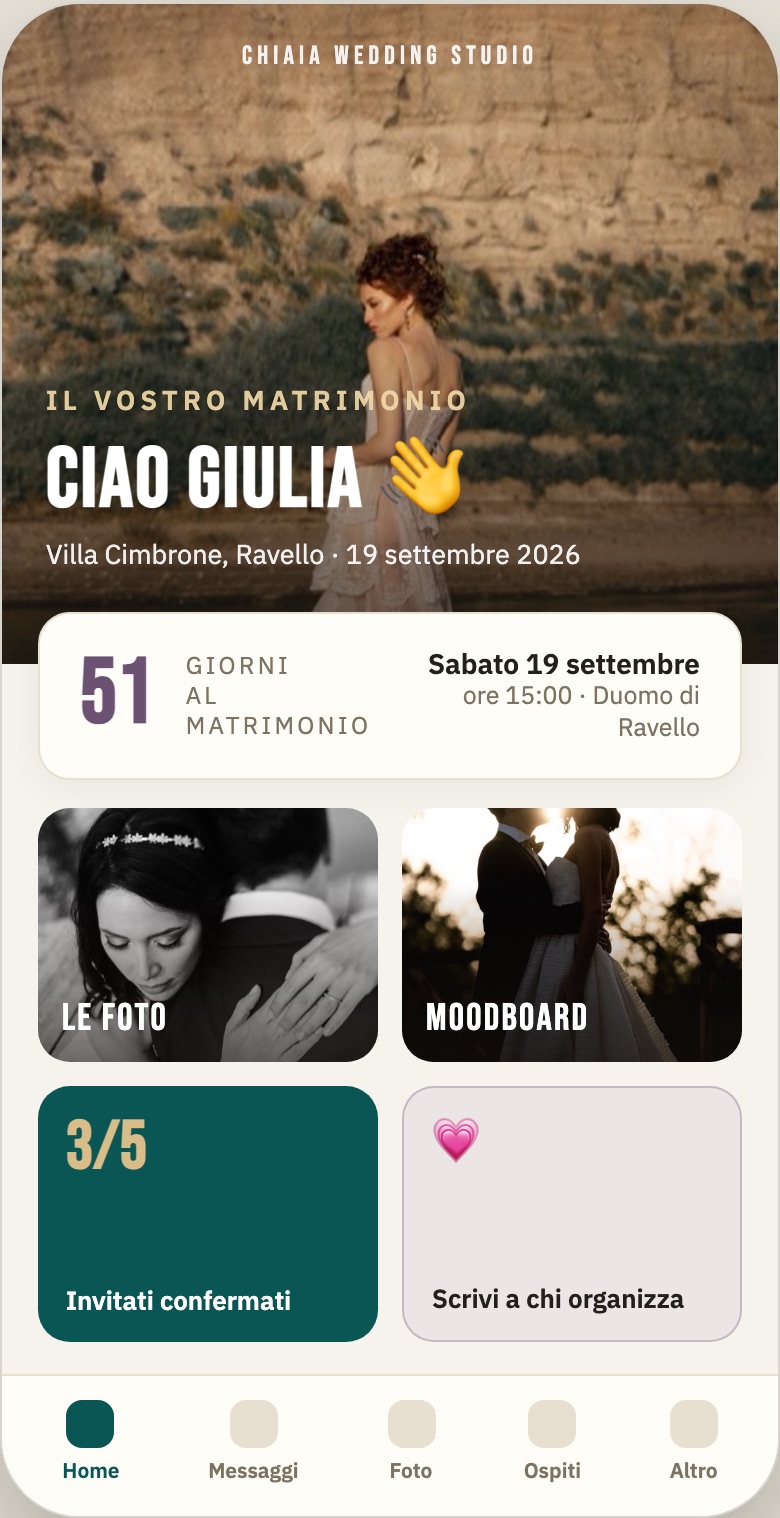 Screenshot verticale: l'app sposi sul telefono (my.thewedportal.com)