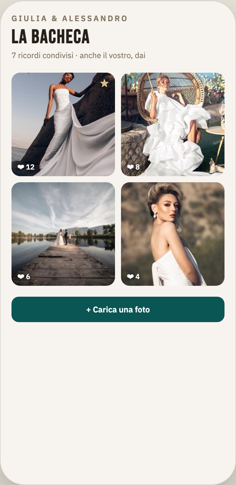 Screenshot verticale: la bacheca foto con i voti