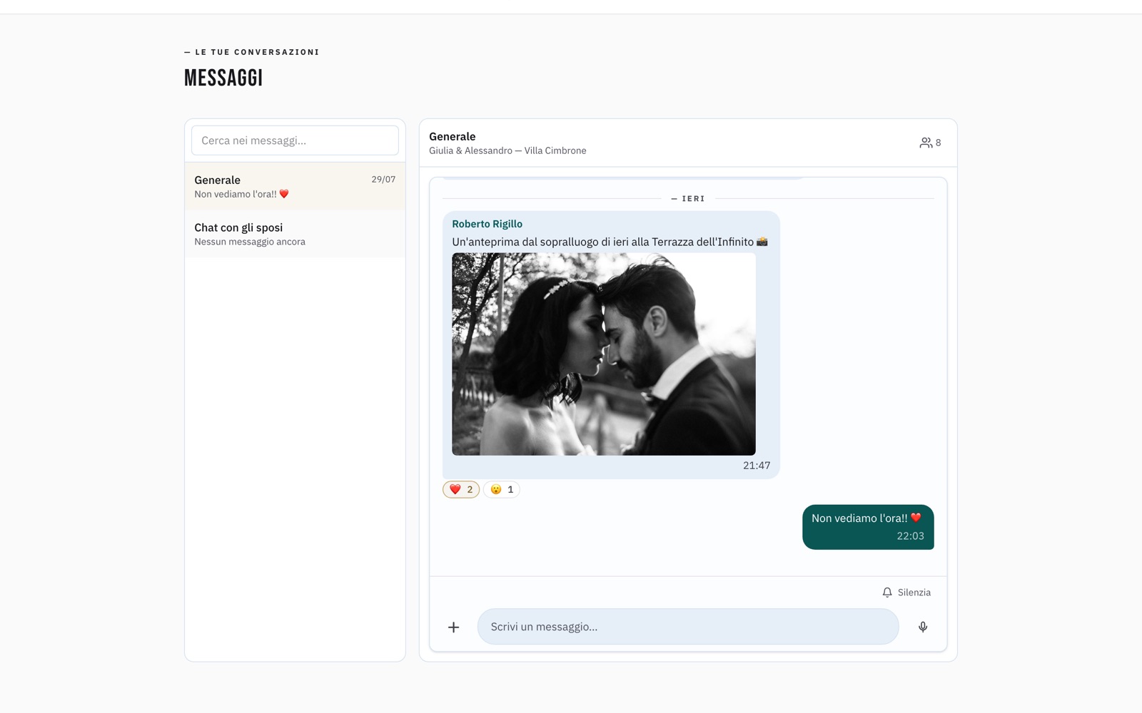 Screenshot: la chat dell'evento vista dagli sposi