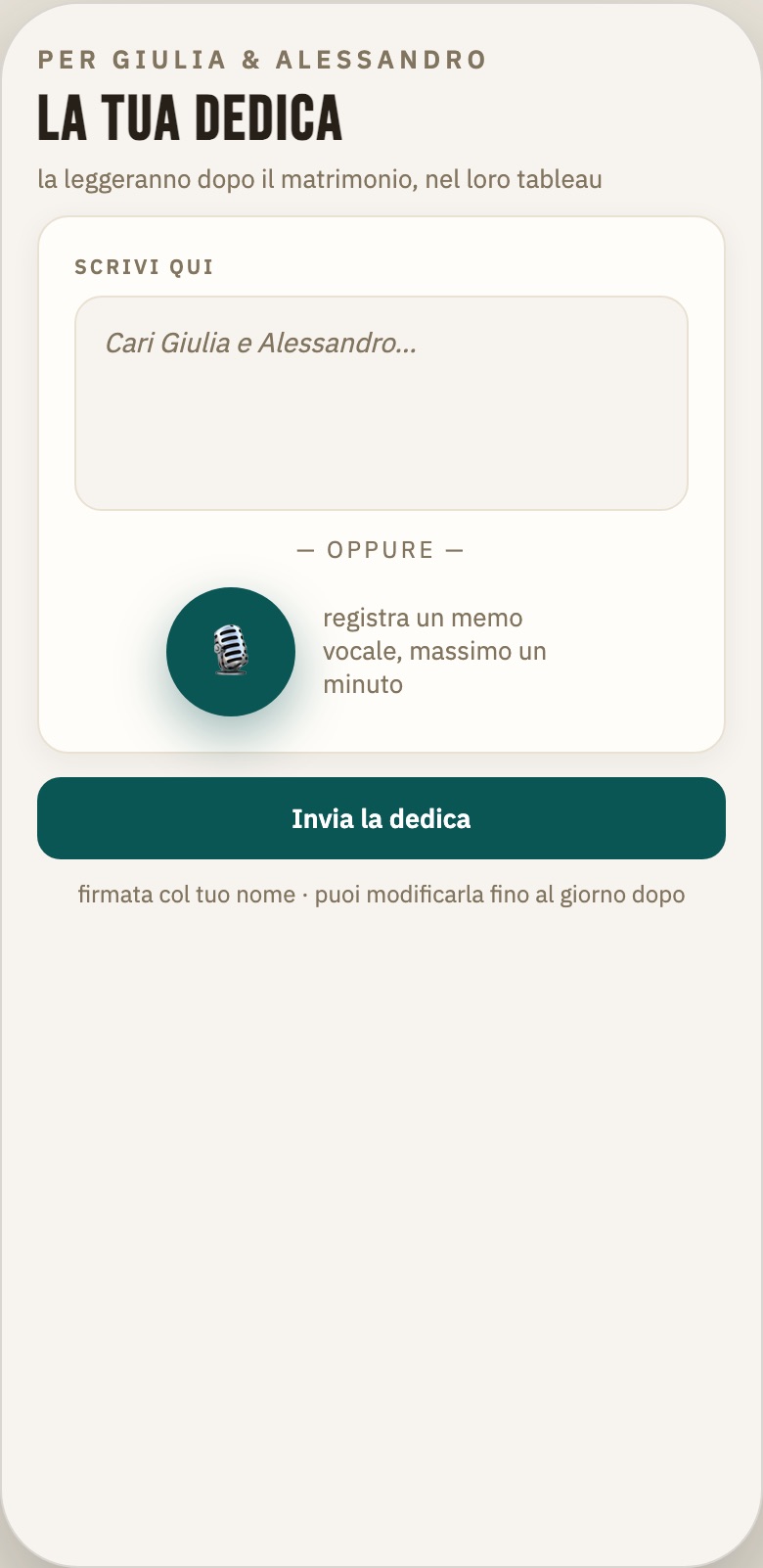 Screenshot verticale: una dedica con audio