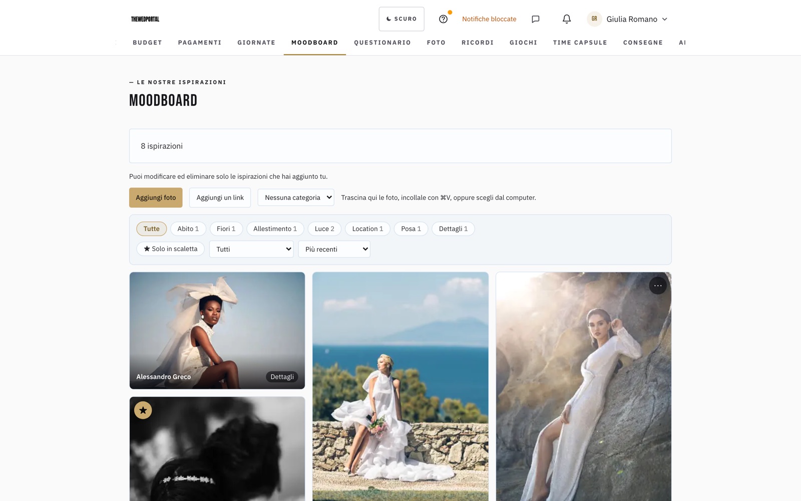 Screenshot: una moodboard con le ispirazioni degli sposi