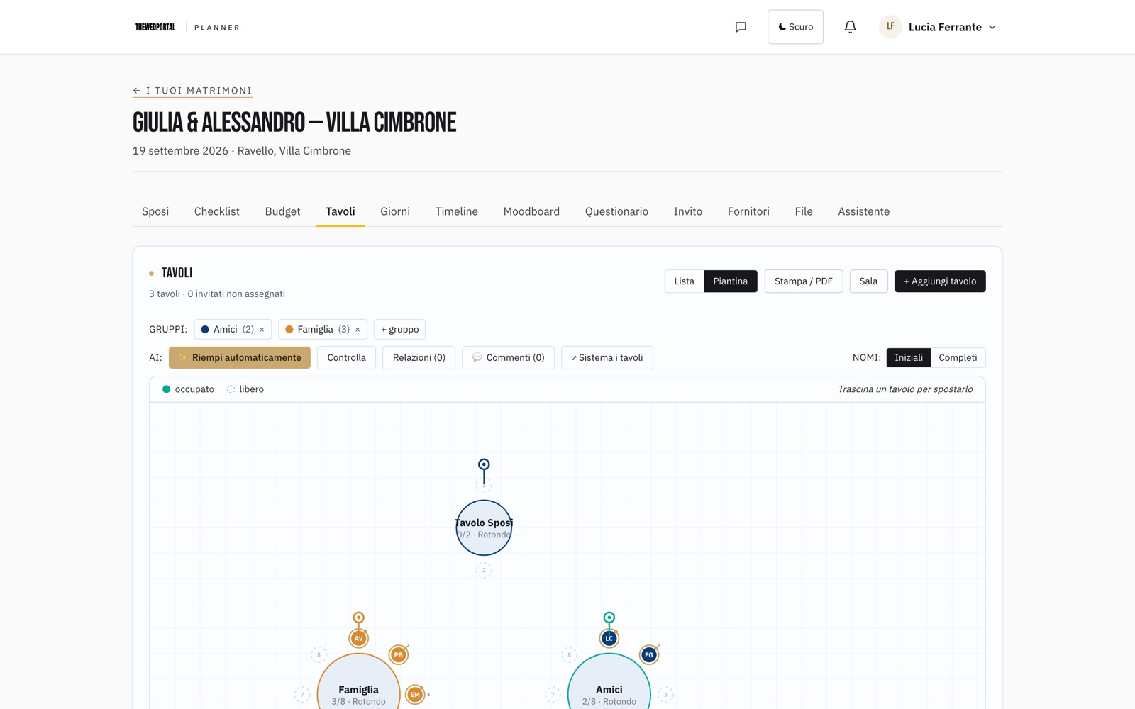 Screenshot largo: l'editor della sala con i tavoli e la lista ospiti (modulo già in produzione)