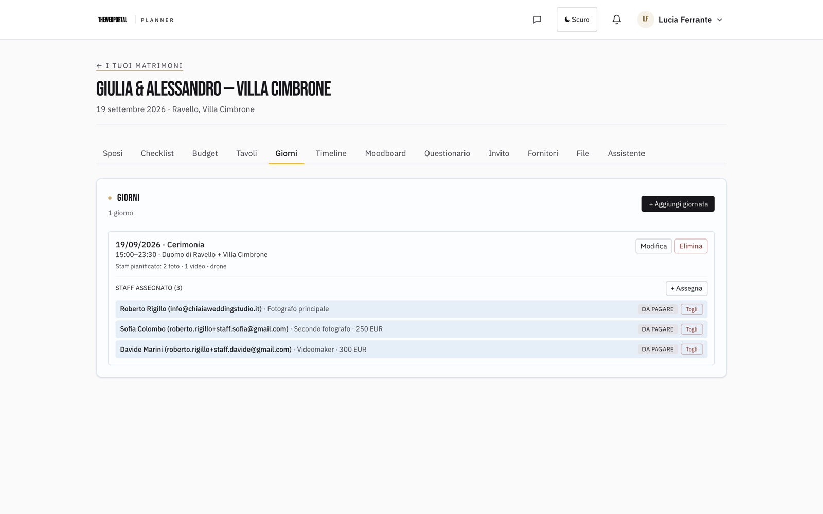 Screenshot: assegnazione del team a un evento