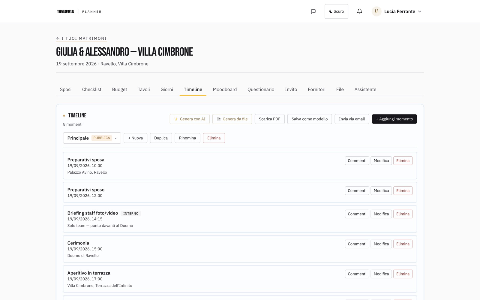 Screenshot: la timeline del giorno con i responsabili